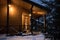 A beautiful architectured modern house in winter forest. Beautiful lighting. A cat sitting next to the door