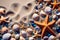 a beautiful arrangement of shells, starfish, and pebbles, delicately resting on the sandy sea shore