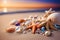 beautiful arrangement of shells, starfish, and pebbles delicately resting on the sandy shore by the sea.