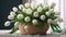 Beautiful arrangement of white tulips carefully assembled into a bouquet and delicately placed in a woven basket