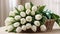 Beautiful arrangement of white tulips carefully assembled into a bouquet and delicately placed in a woven basket