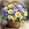 beautiful arrangement of yellow white and purple spring flowers in a charming basket.
