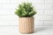 Beautiful artificial plant in wicker flower pot on wooden table near brick wall