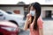 Beautiful asia  Woman suffer from sick and wearing face mask  protect filter against air pollution PM2.5,Air pollution caused