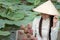 Beautiful asia women wearing white traditional Vietnam dress Ao Wai and Vietnam farmer`s hat and sitting on wooden boat in flow