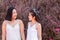 Beautiful Asian couple with wedding dress LGBT women spent time together in park  homosexual announcement relationship for social