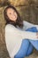 Beautiful Asian Eurasian Girl Woman Sitting on Hay Bale