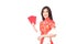 Beautiful Asian girl in Chinese qipao traditional dress, holding red money pockets or greeting card envelopes