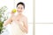 Beautiful asian girl, towel and fresh apple after bathing