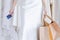 Beautiful Asian model or new bride in wedding dress hold shopping bags, credit card in wedding store or shop, easy lifestyle