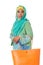 Beautiful asian muslimah woman with orange wicker tote bag.Isolated