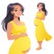 Beautiful Asian smiling pregnant woman. Full length isolated vector illustration.