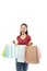 Beautiful asian woman bring many shopping bag colorful and open the bag with happy expression