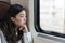 Beautiful asian woman looking out of train window, with copy space