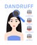 Beautiful Asian Woman with a Magnifying Glass and Dandruff on Head. Treatment of Korean Scalp. Symptoms of dandruff. Icons in a