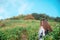 A beautiful Asian woman tourist walking and trekking along the mountains in tropical forest