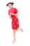 Beautiful asian woman wears cheongsam on white background. Holding red envelopes and smile in chinese new year