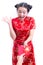 Beautiful asian woman wears cheongsam on white background. Holding red envelopes and smile in chinese new year.