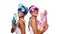 Beautiful Asian women in pink and blue sun visor cap and sunglasses posing with water guns over white background