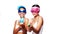 Beautiful Asian women in pink and blue sun visor cap and sunglasses posing with water guns over white background