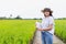 Beautiful asian women Standing in the rice field and are holding a laptop mockup