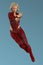 Beautiful assertive CGI woman in red leather bodysuit in an active magical pose