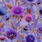 Beautiful aster flowers in different bright colors with brown leaves on lilac background. Seamless floral pattern.