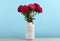 Beautiful asters in vase on table against light blue background. Autumn flowers