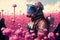 Beautiful astronaut sitting in in a field of flowers on a different planet. Generative AI