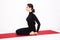 Beautiful athletic girl in a black suit doing yoga. Virasana asana hero pose. Isolated on white background.