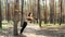 Beautiful, athletic, sexy young woman, coach, instructor, performs exercises, doing exercises. In pine forest, in summer