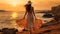 beautiful and attractive woman walking along the shoreline on the beach wearing a summer dress dance with sea breeze at sunset