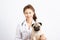 Beautiful Attractive Young Asian Veterinarian Woman smile with dog pug breed at the veterinarian clinic