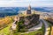 Beautiful autumn aerial view of St. Leon chapel dedicated to Pope Leo IX atop of Rocher de Dabo or Rock of Dabo, France