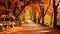 Beautiful autumn alley in the park with colorful trees and path, Nice pathway in Autumn colors, AI Generated