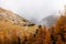 Beautiful autumn alpine landscape with many old chalets in Zermatt area