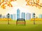 Beautiful autumn city park with town building background