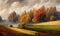 Beautiful autumn field  and forest landscape, digital illustration