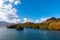 Beautiful autumn foliage scenery landscapes. View from Lake Towada sightseeing Cruise ship