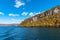 Beautiful autumn foliage scenery landscapes. View from Lake Towada sightseeing Cruise ship