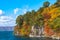 Beautiful autumn foliage scenery landscapes. View from Lake Towada sightseeing Cruise ship