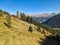 Beautiful autumn landscape in the Davos mountains. Colorful nature in the Graubunden Alps. Wanderlust. High quality