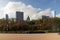 a beautiful autumn landscape at Grant Park with autumn trees and skyscrapers, hotels and office buildings in the city skyline