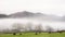 Beautiful Autumn landscape image of River Brathay in Lake District lookng towards Langdale Pikes with fog across river and vibrant