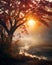 beautiful autumn landscape with misty river and red trees