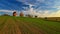 Beautiful autumn landscape with old windmill at sunset and beautiful blue sky with clouds. Colorful nature background on autumn