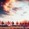 Beautiful autumn landscape with trees, field and sky. Fall outdoor nature