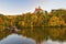 Beautiful Autumn Landscape with Veveri Castle. Natural colorful scenery with sunset. Brno dam-Czech Republic-Europe.