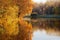 Beautiful autumn park. Autumn in Minsk. Autumn trees and leaves. Autumn Landscape.Park in Autumn. Mirror reflection of trees in wa