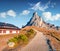 Beautiful autumn scenery. Footpass to the top of Ra Gusela peak. Majestic view of Dolomite Alps.